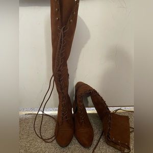 JustFab Oakley Knee High Brown Lace Up Boots